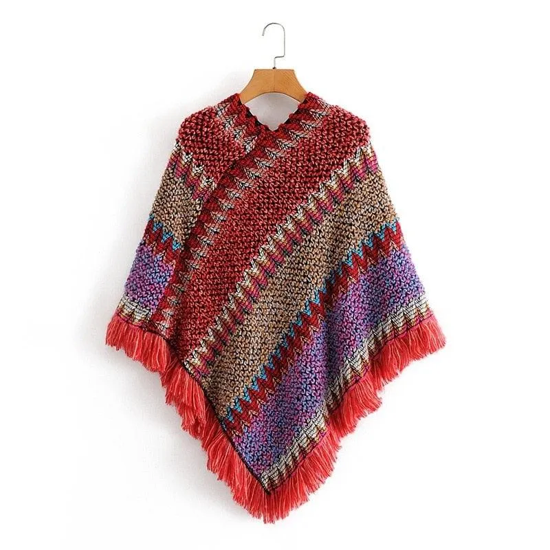 Soft Knitted Stripe Tassel Poncho