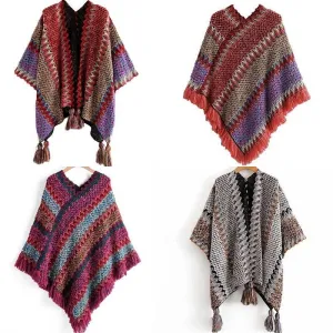 Soft Knitted Stripe Tassel Poncho