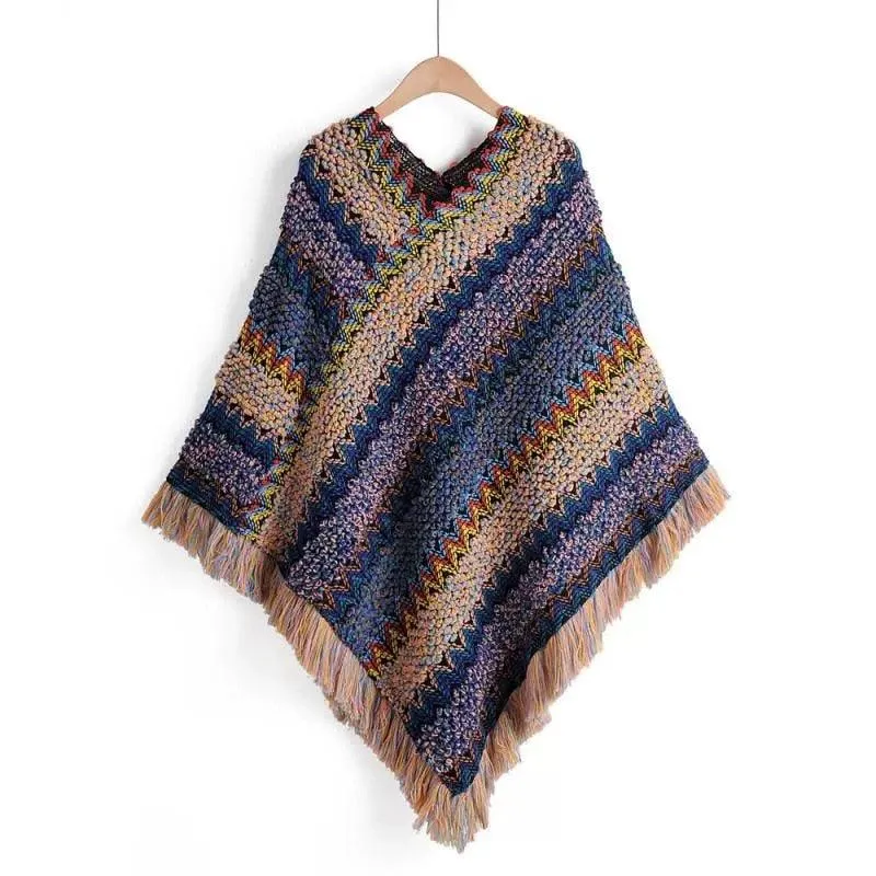 Soft Knitted Stripe Tassel Poncho