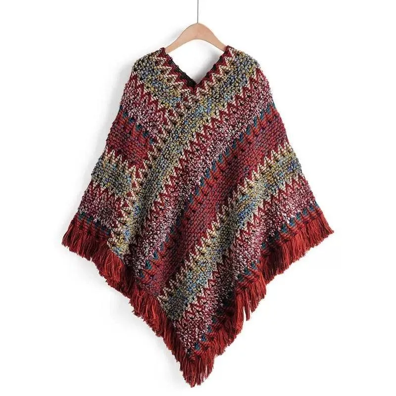 Soft Knitted Stripe Tassel Poncho