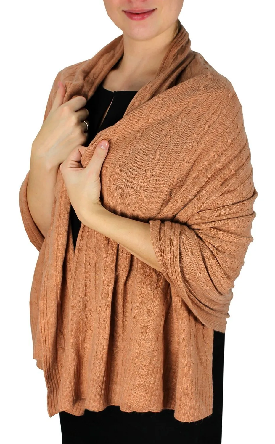 Tan Cable Knit Warm Soft Cashmere Wool Oversized Scarf Shawl