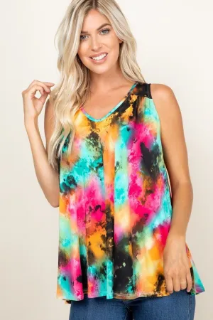 Tie Dye Sleeveless V Neck Swing Tunic Top