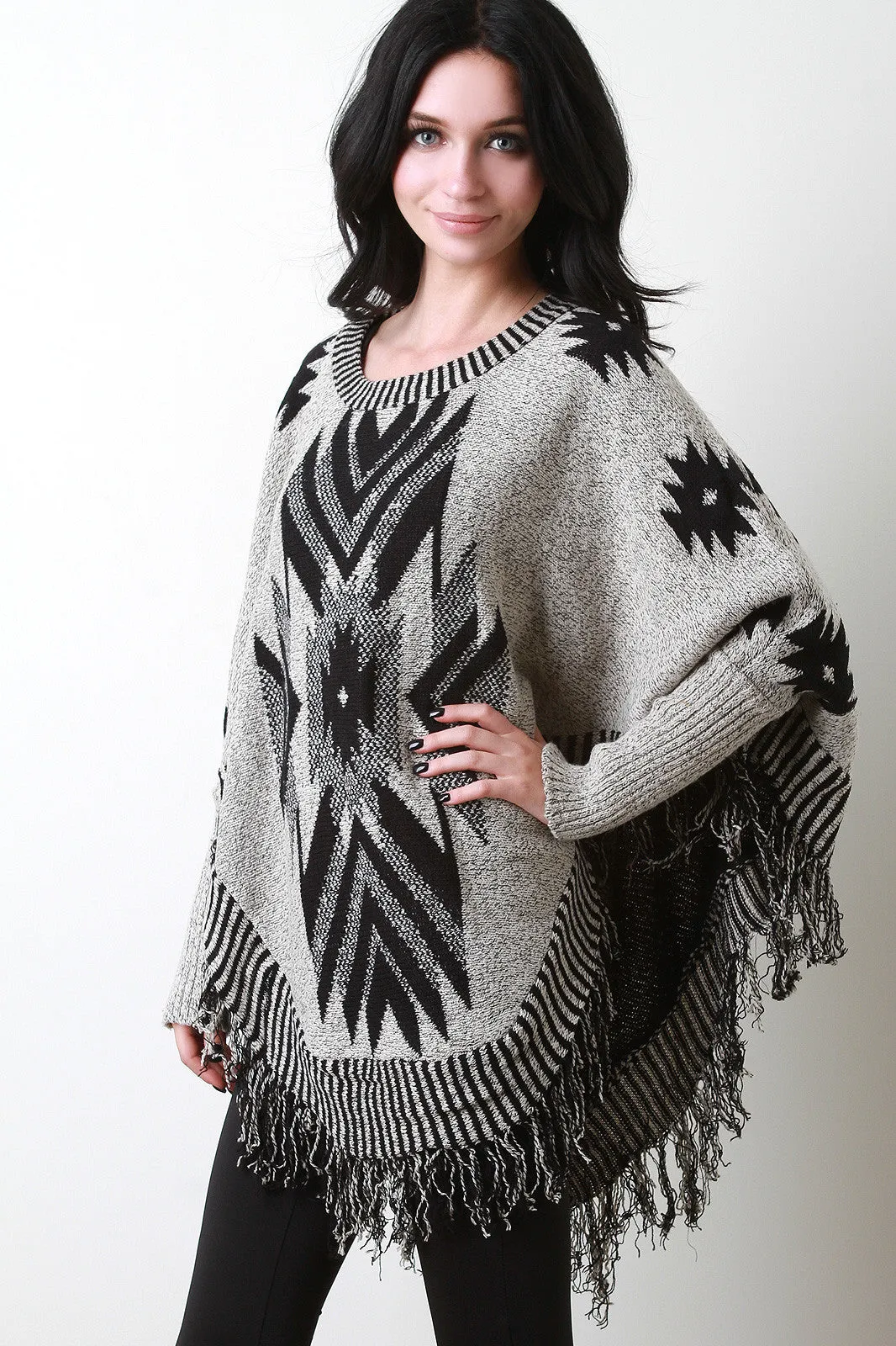 Tribal Dolman Sleeve Poncho Sweater