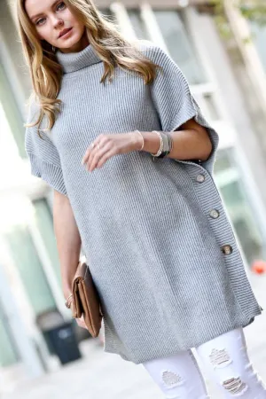 Turtle Neck Button Side Ribbed Poncho Sweater