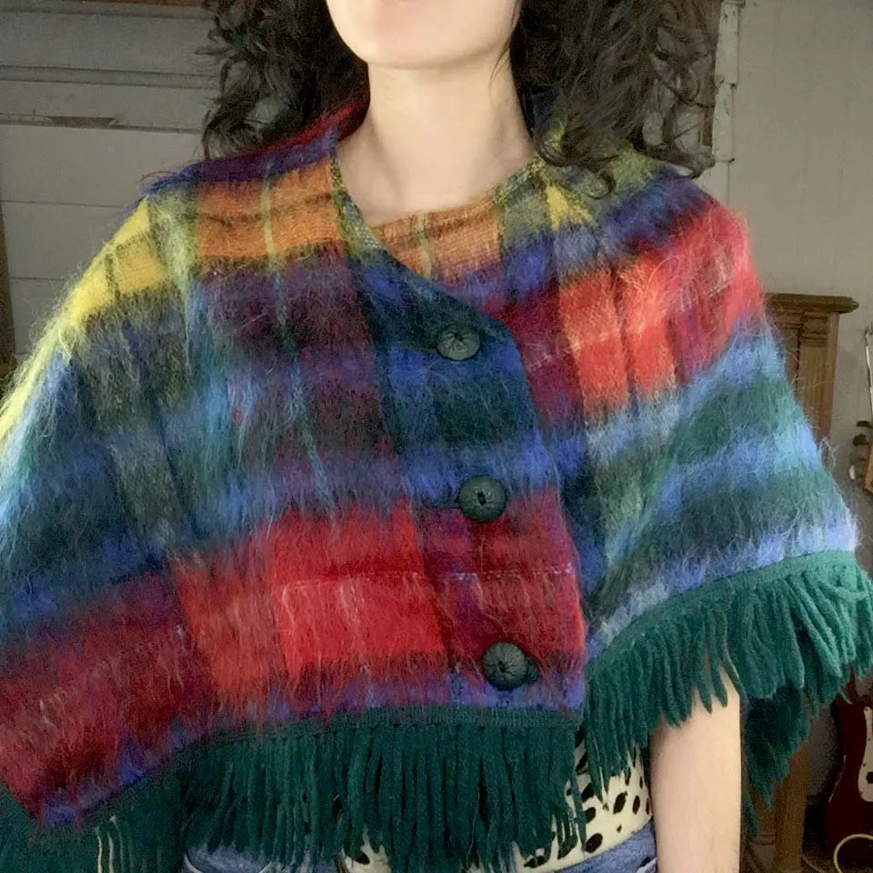 Vintage 70s | Plaid Wool Poncho Bohemian Cape with Fringe | Free Size