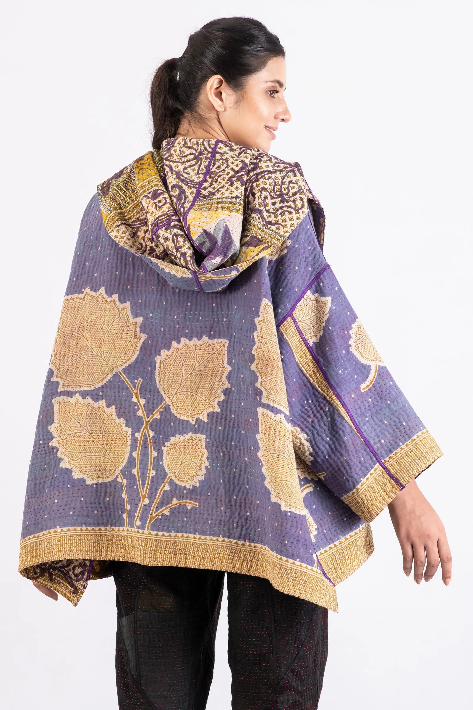 VINTAGE COTTON KANTHA HOODIE PONCHO - cv4064-0006a -