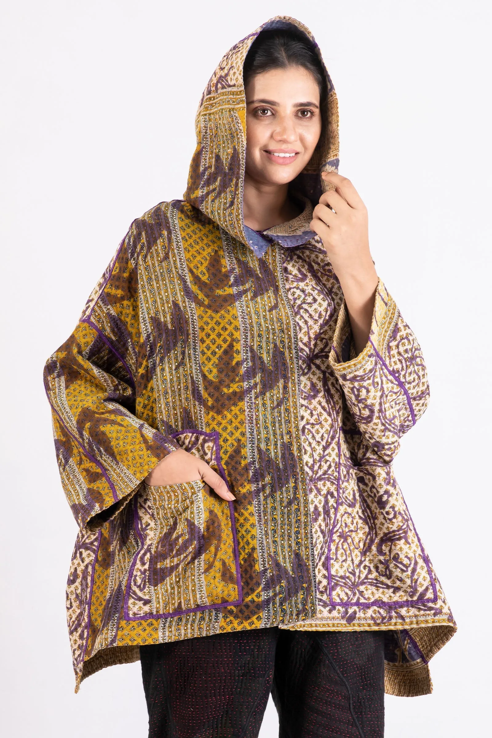 VINTAGE COTTON KANTHA HOODIE PONCHO - cv4064-0006a -