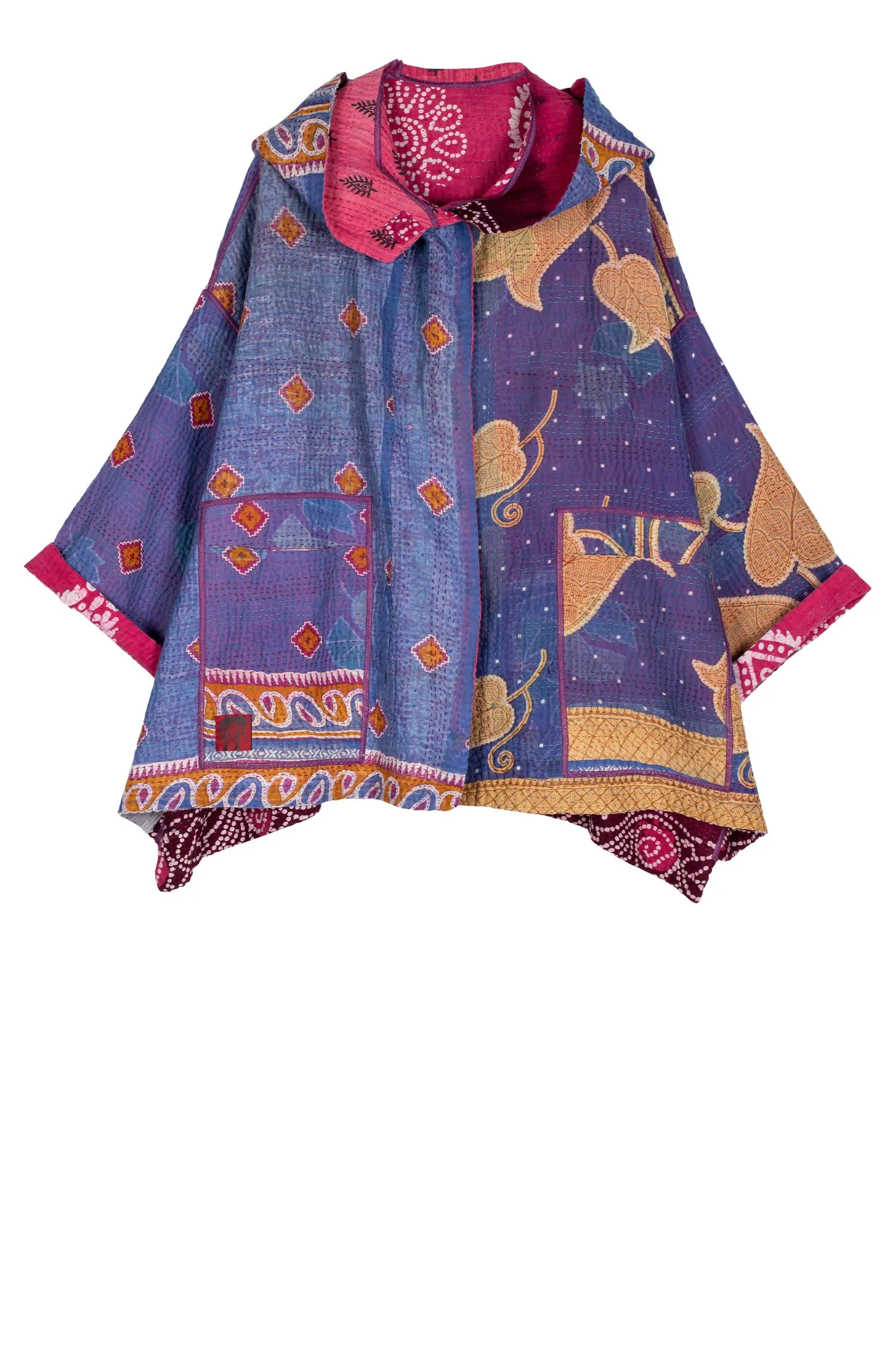 VINTAGE COTTON KANTHA HOODIE PONCHO - cv4064-0022a -