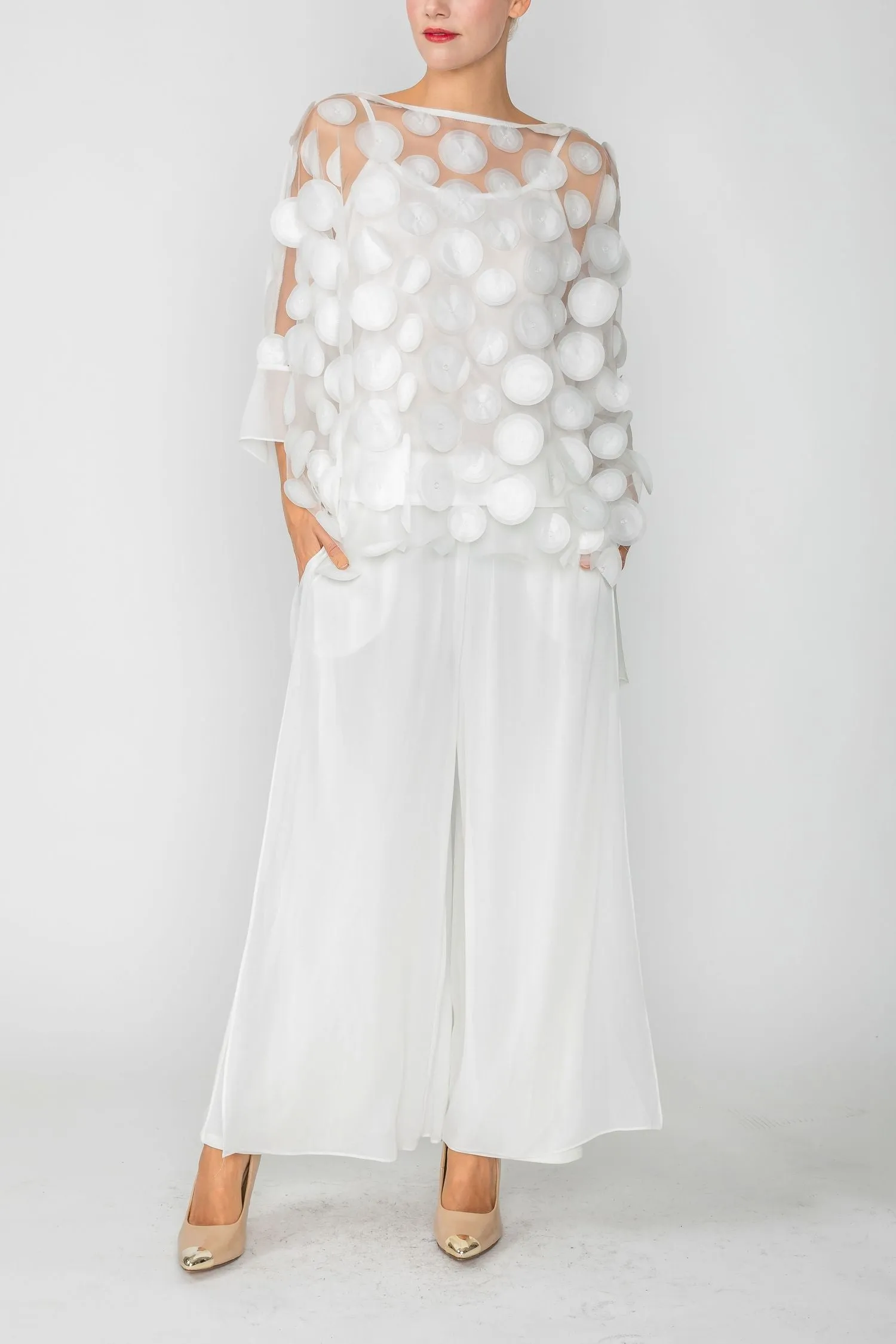 White Boat-Neck See Through Mesh & Chiffon Poncho Top