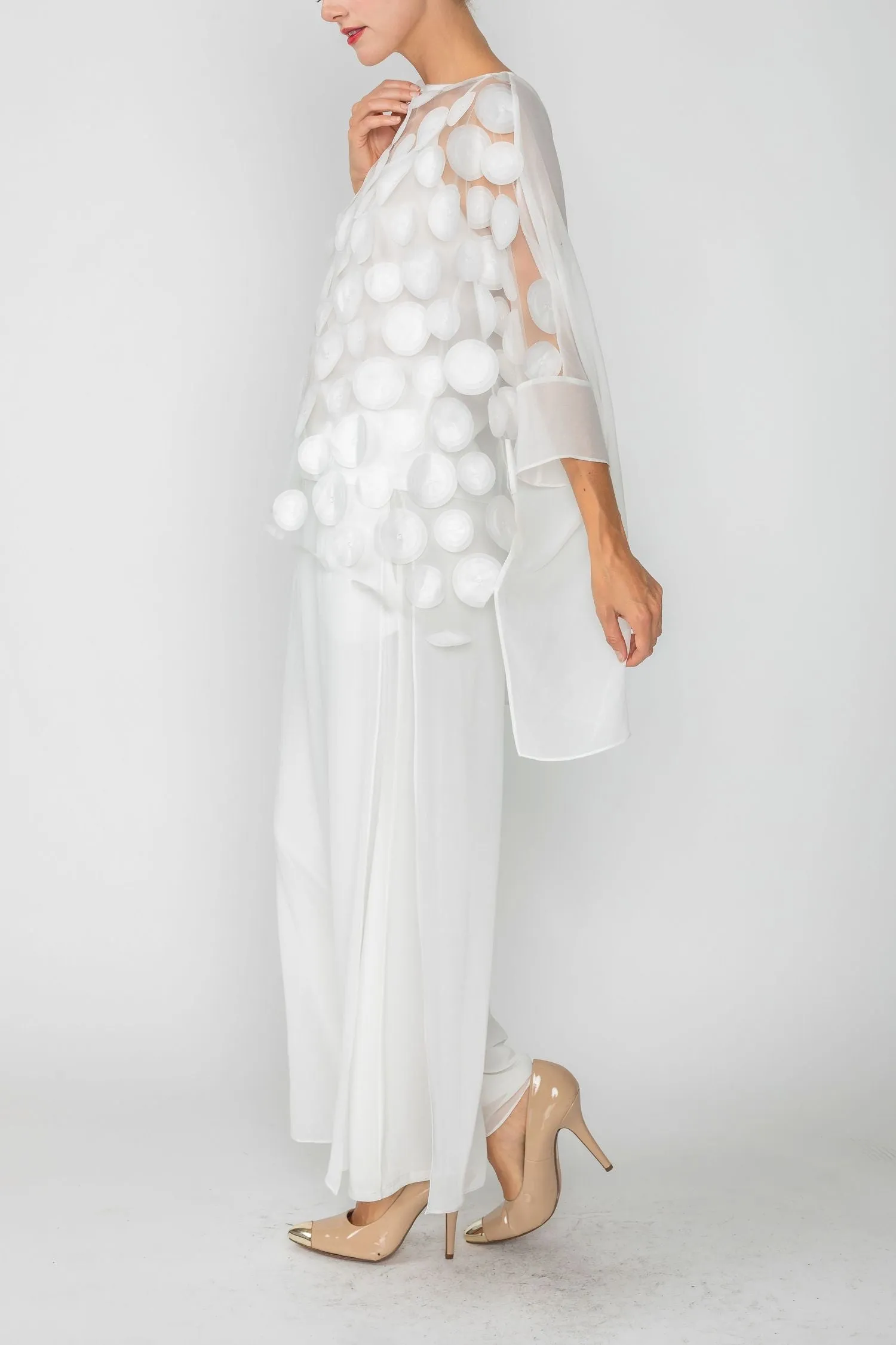 White Boat-Neck See Through Mesh & Chiffon Poncho Top