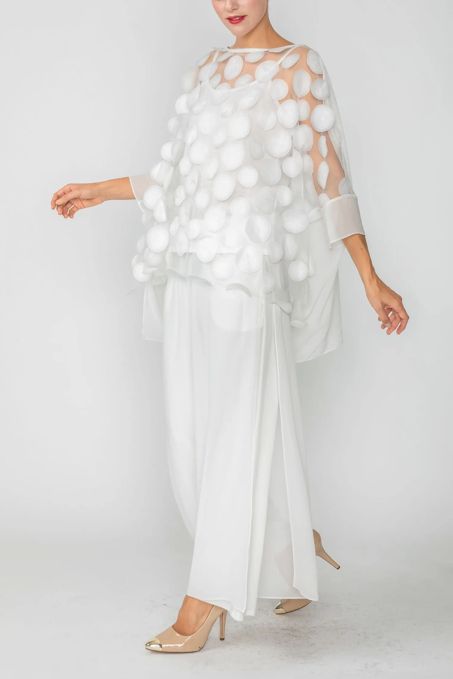 White Boat-Neck See Through Mesh & Chiffon Poncho Top