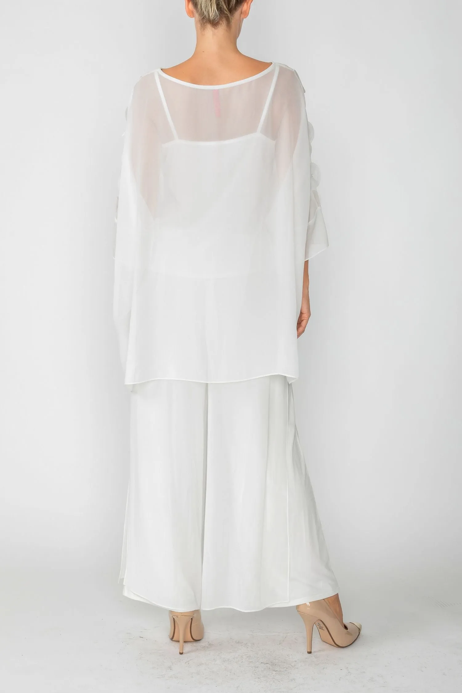 White Boat-Neck See Through Mesh & Chiffon Poncho Top