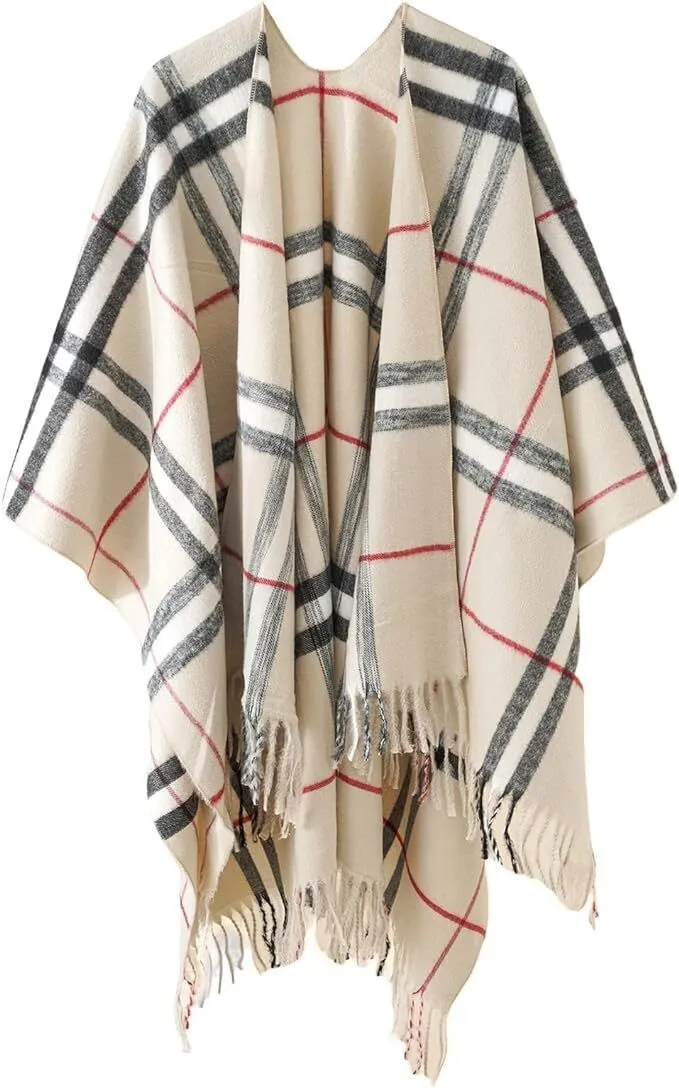 Winter Check Print Poncho Cape Blanket with Tassels