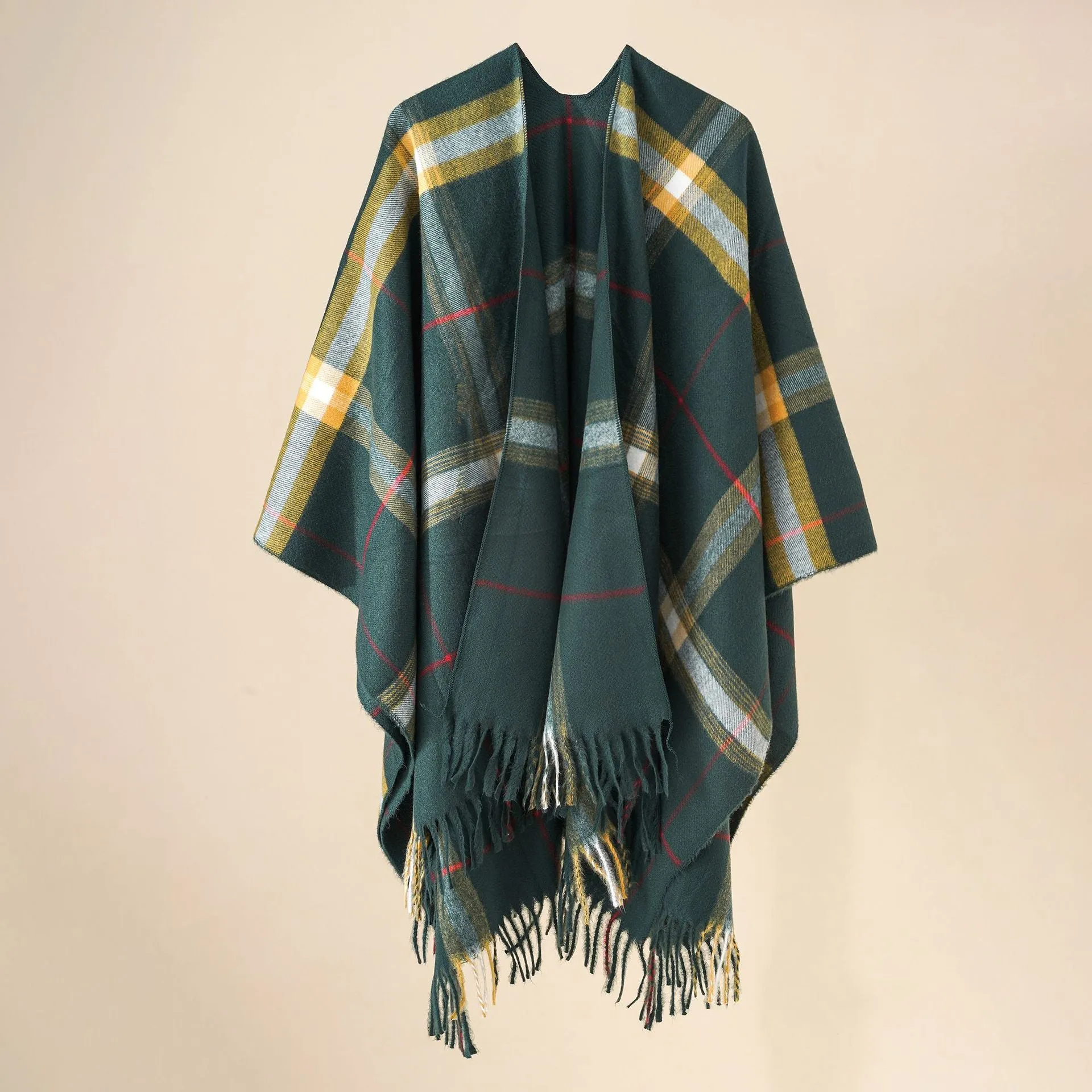 Winter Check Print Poncho Cape Blanket with Tassels