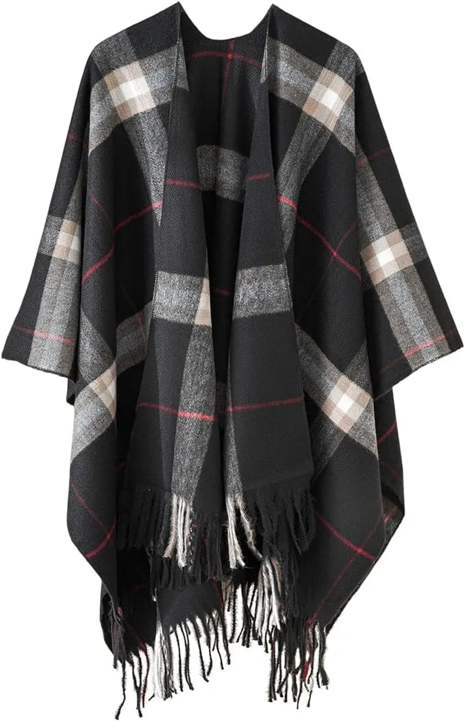 Winter Check Print Poncho Cape Blanket with Tassels