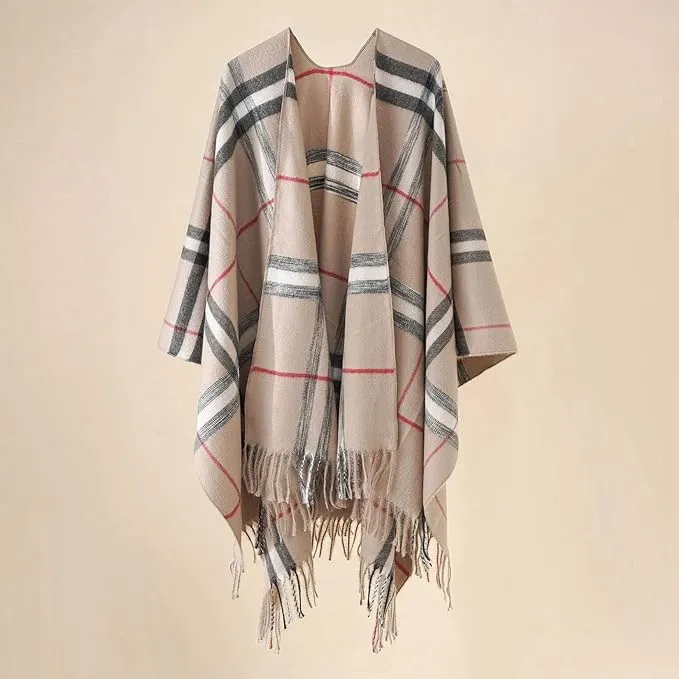 Winter Check Print Poncho Cape Blanket with Tassels