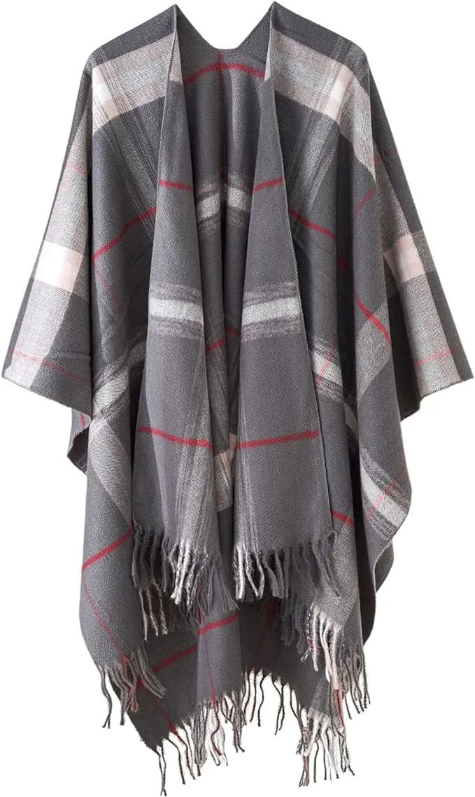 Winter Check Print Poncho Cape Blanket with Tassels