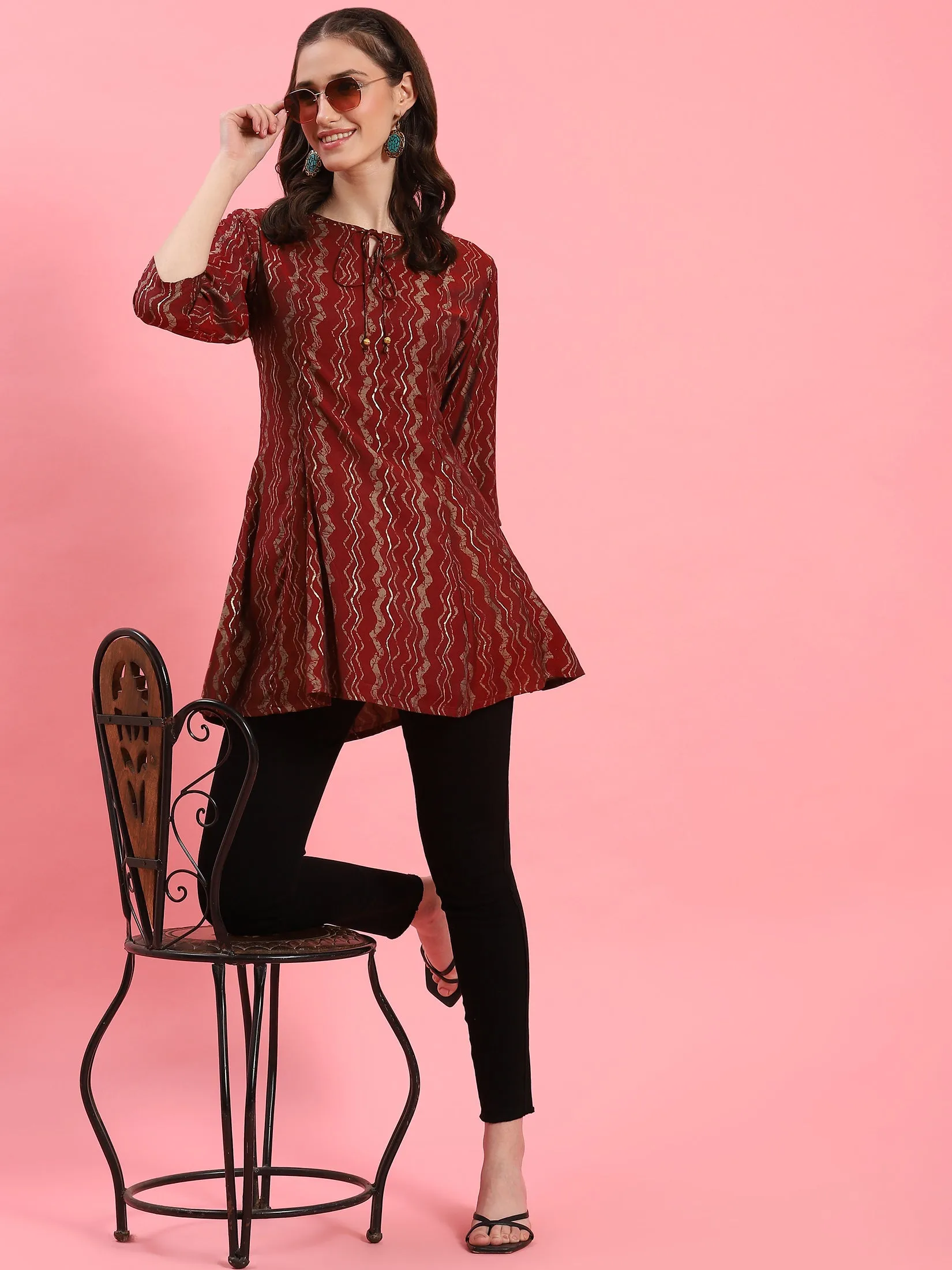 Women Maroon Stripe Printed Tunic