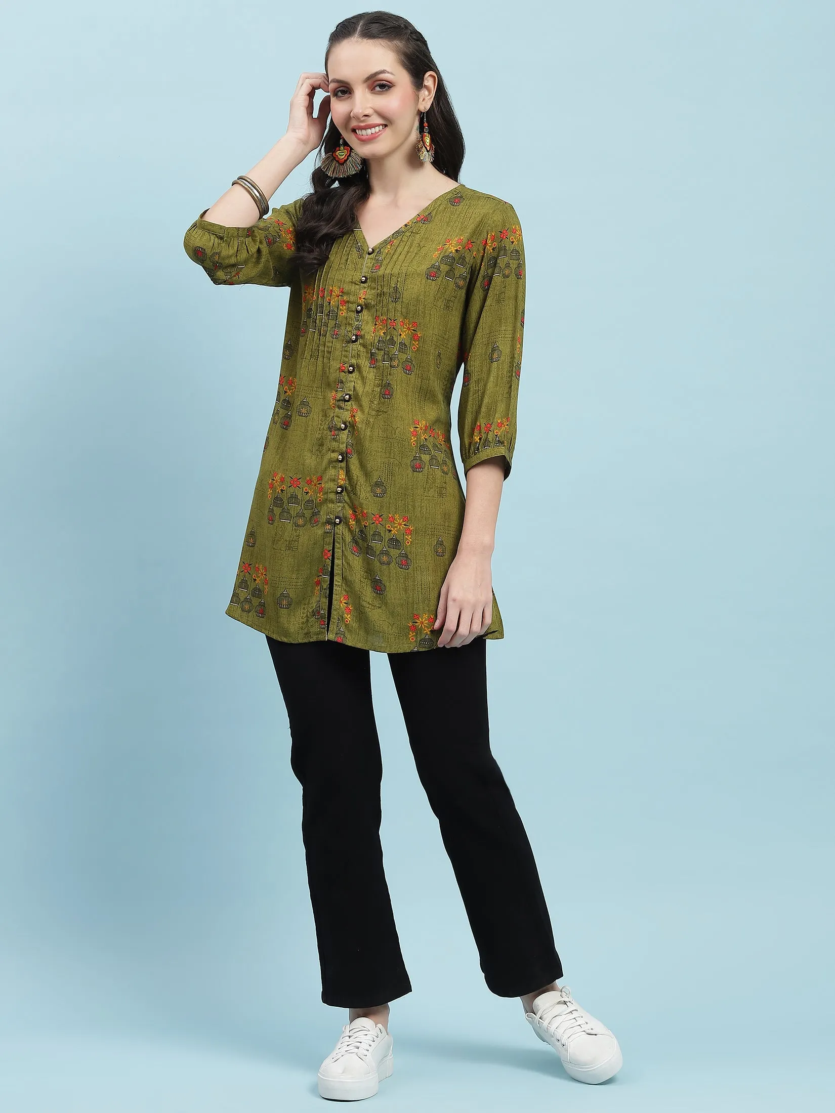 Women Olive Ornamental Printed Tunic