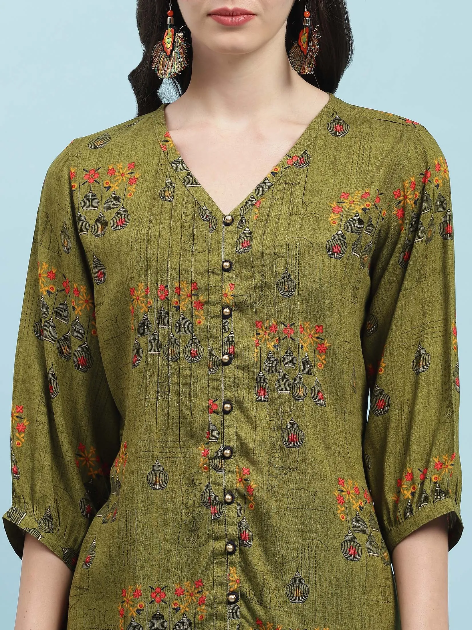 Women Olive Ornamental Printed Tunic