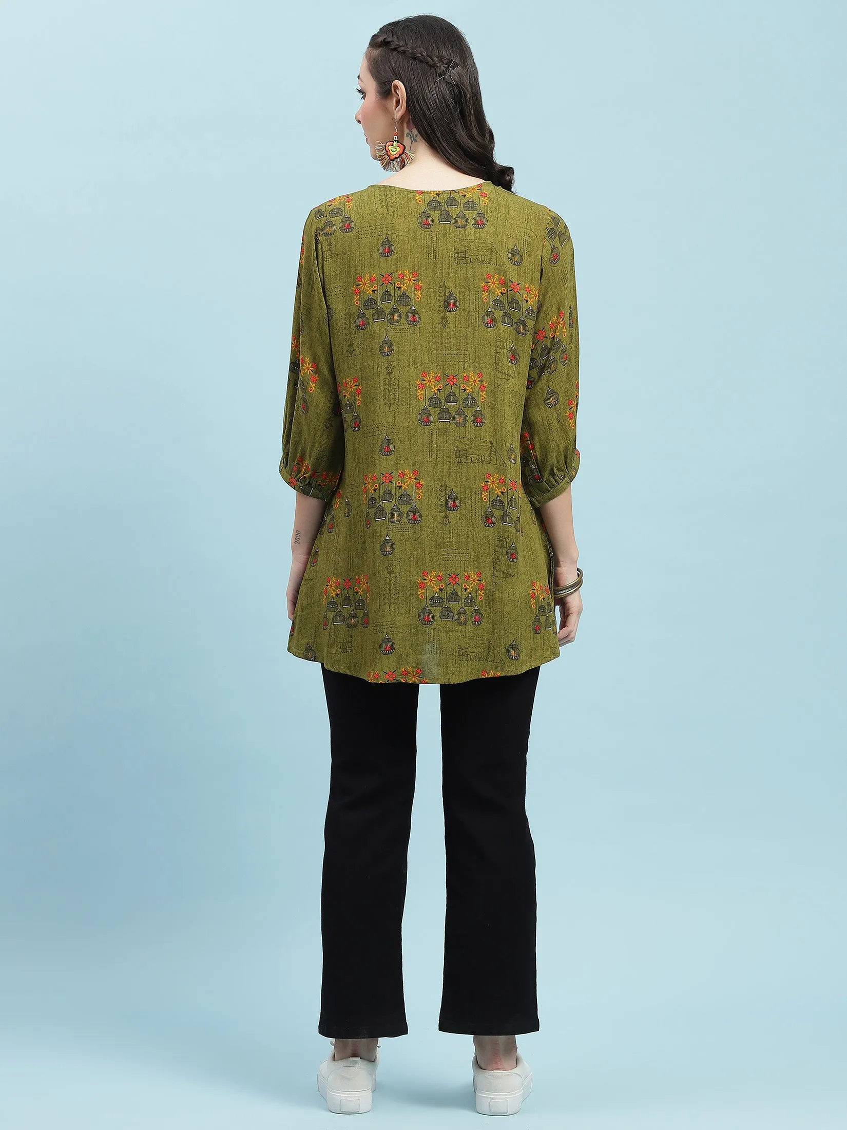 Women Olive Ornamental Printed Tunic