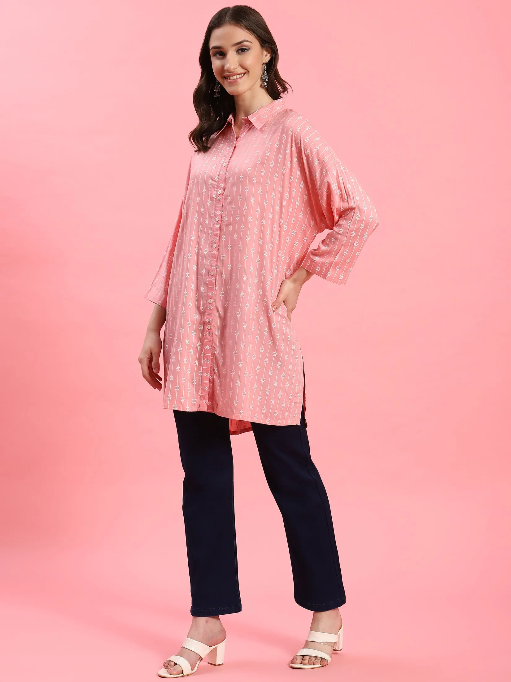 Women Pink Boxy Fit Printed Tunic