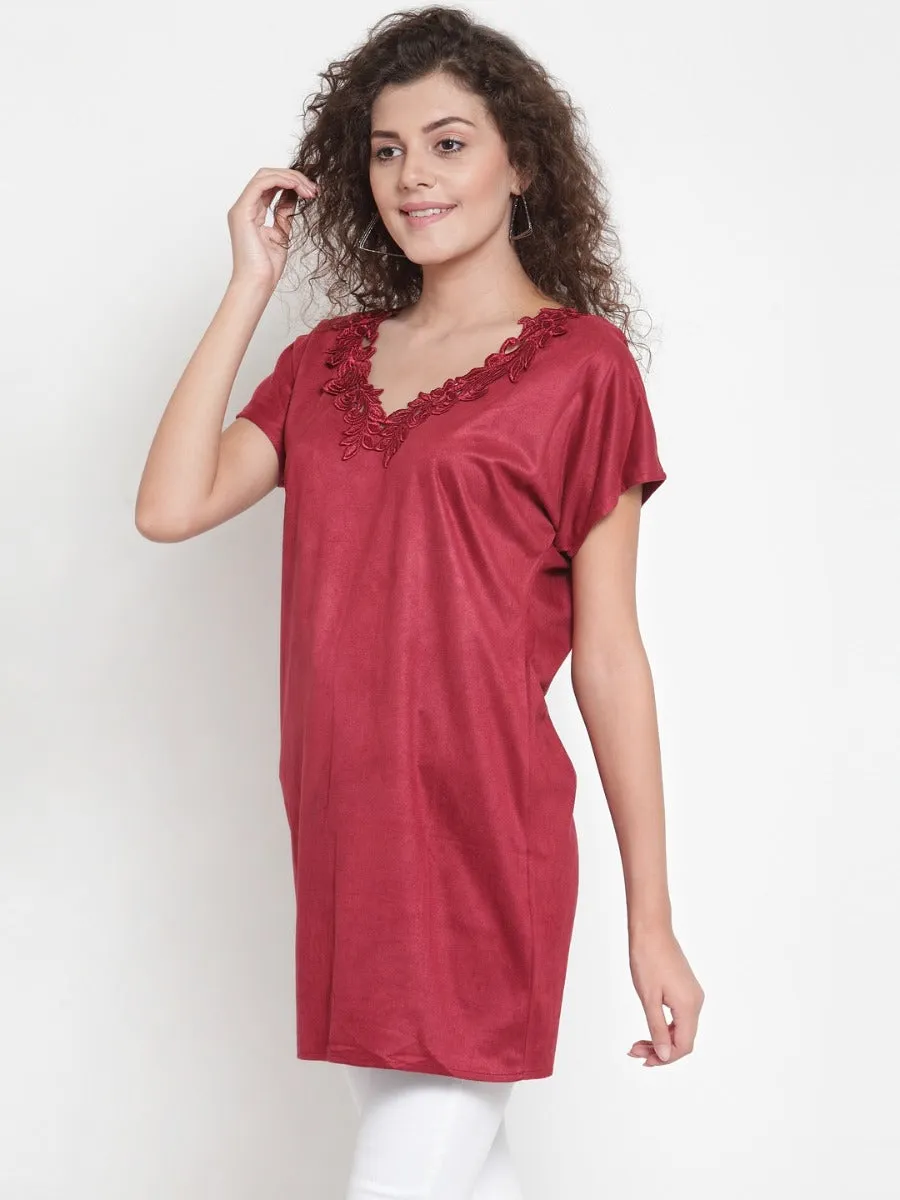 Women Solid Maroon V-Neck Tunic