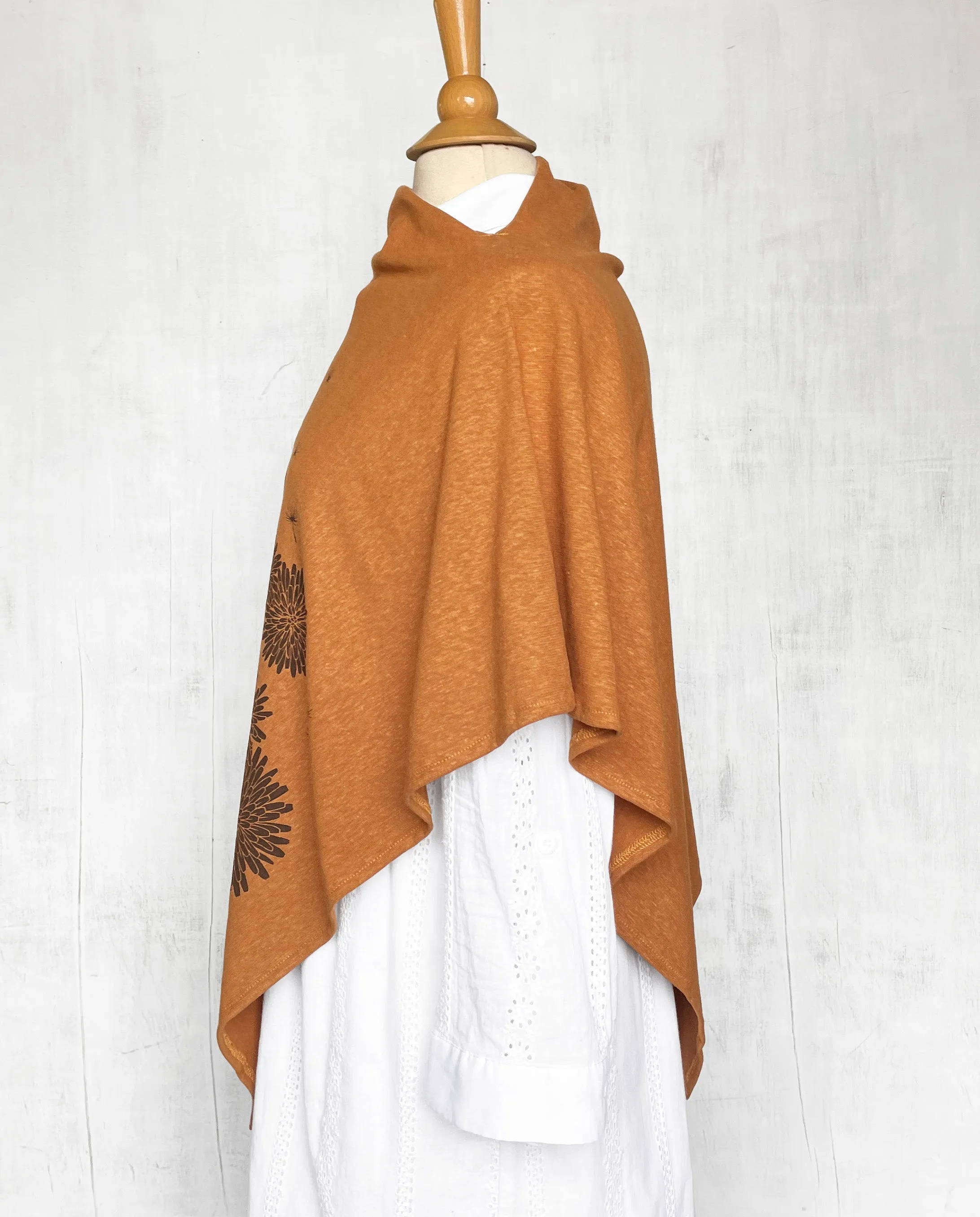 Women's Hemp / Organic Cotton Lightweight Poncho with Dandelion - Dark Apricot Orange