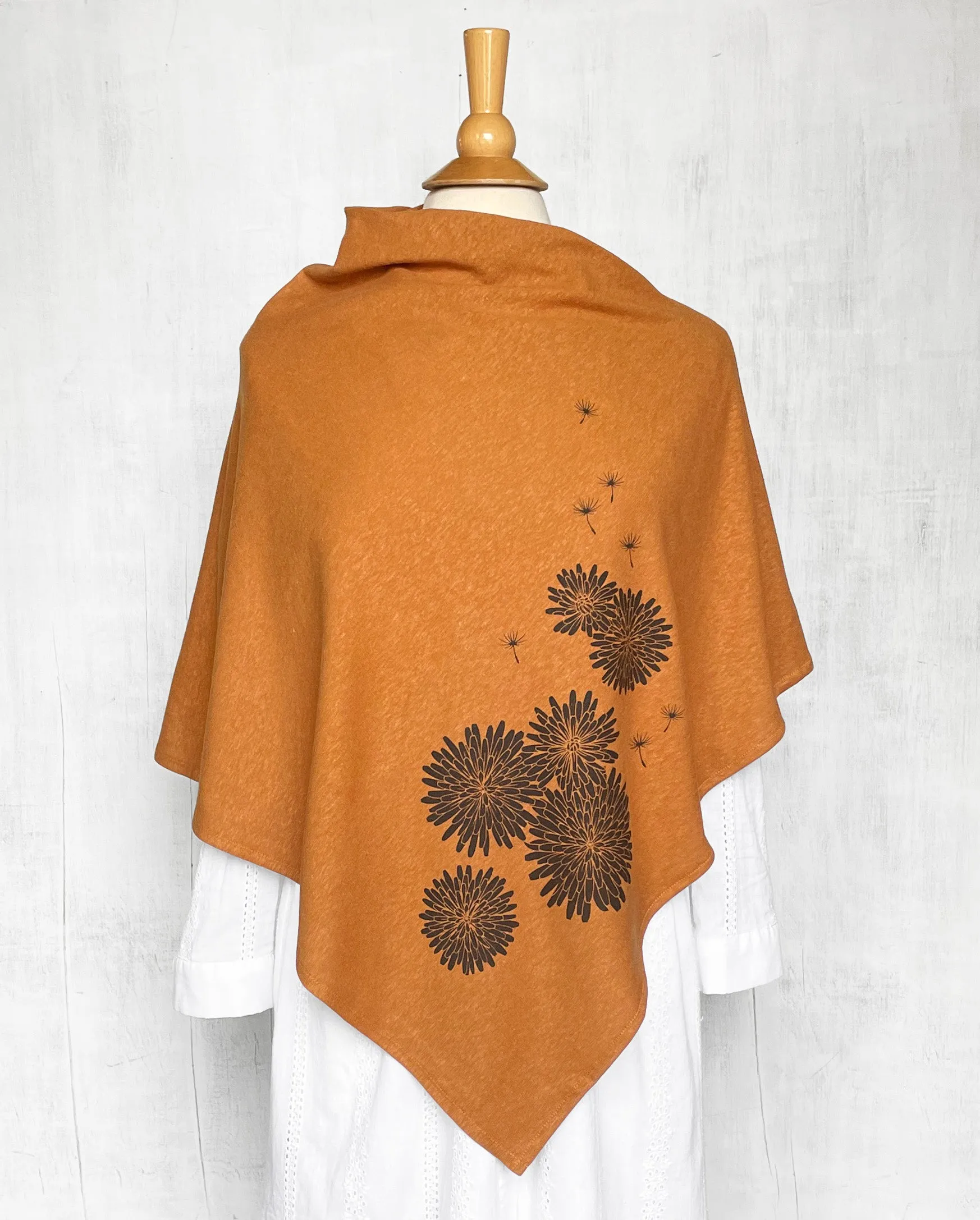 Women's Hemp / Organic Cotton Lightweight Poncho with Dandelion - Dark Apricot Orange