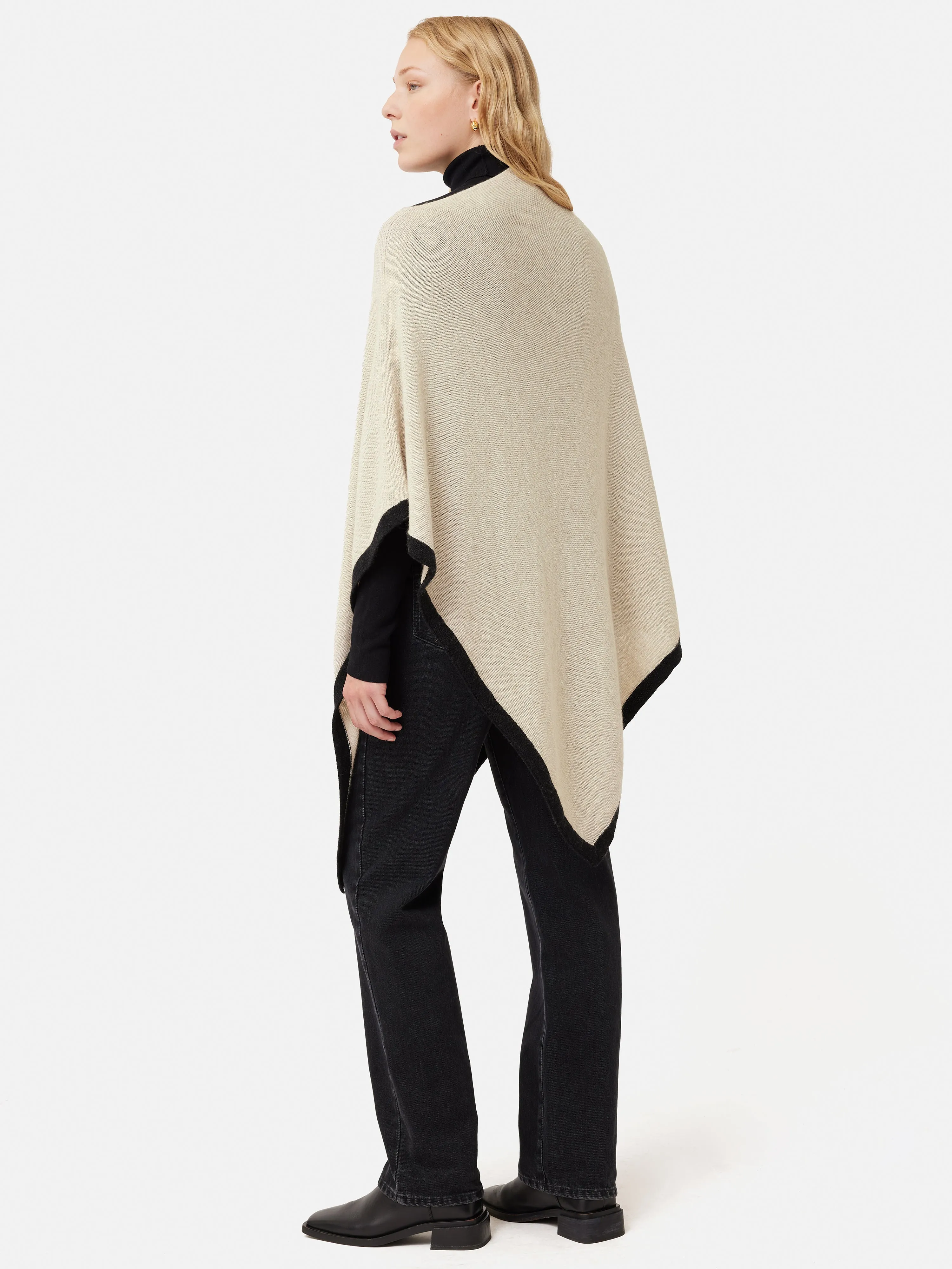 Wool Cashmere Blend Border Poncho | Cream