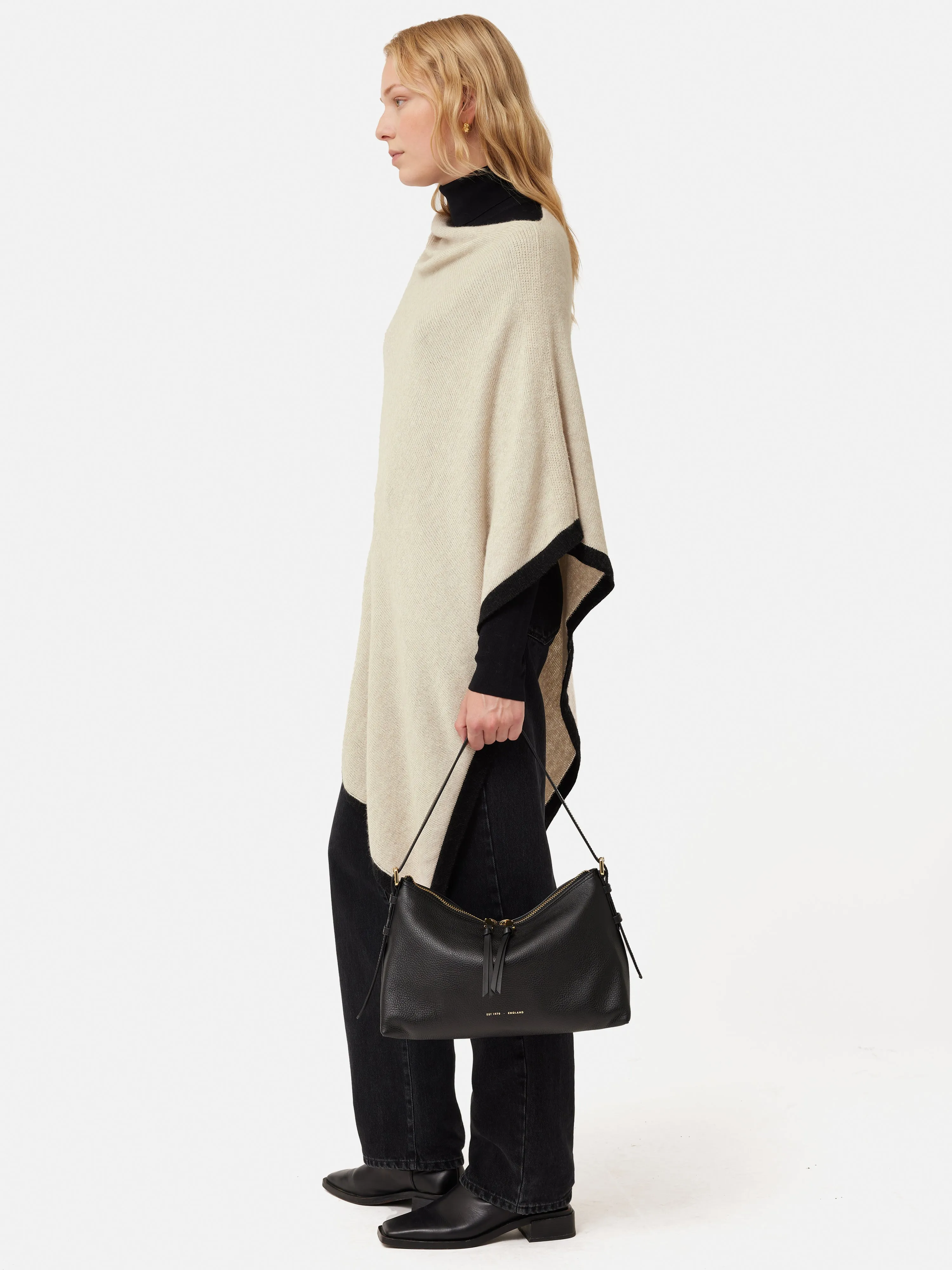 Wool Cashmere Blend Border Poncho | Cream