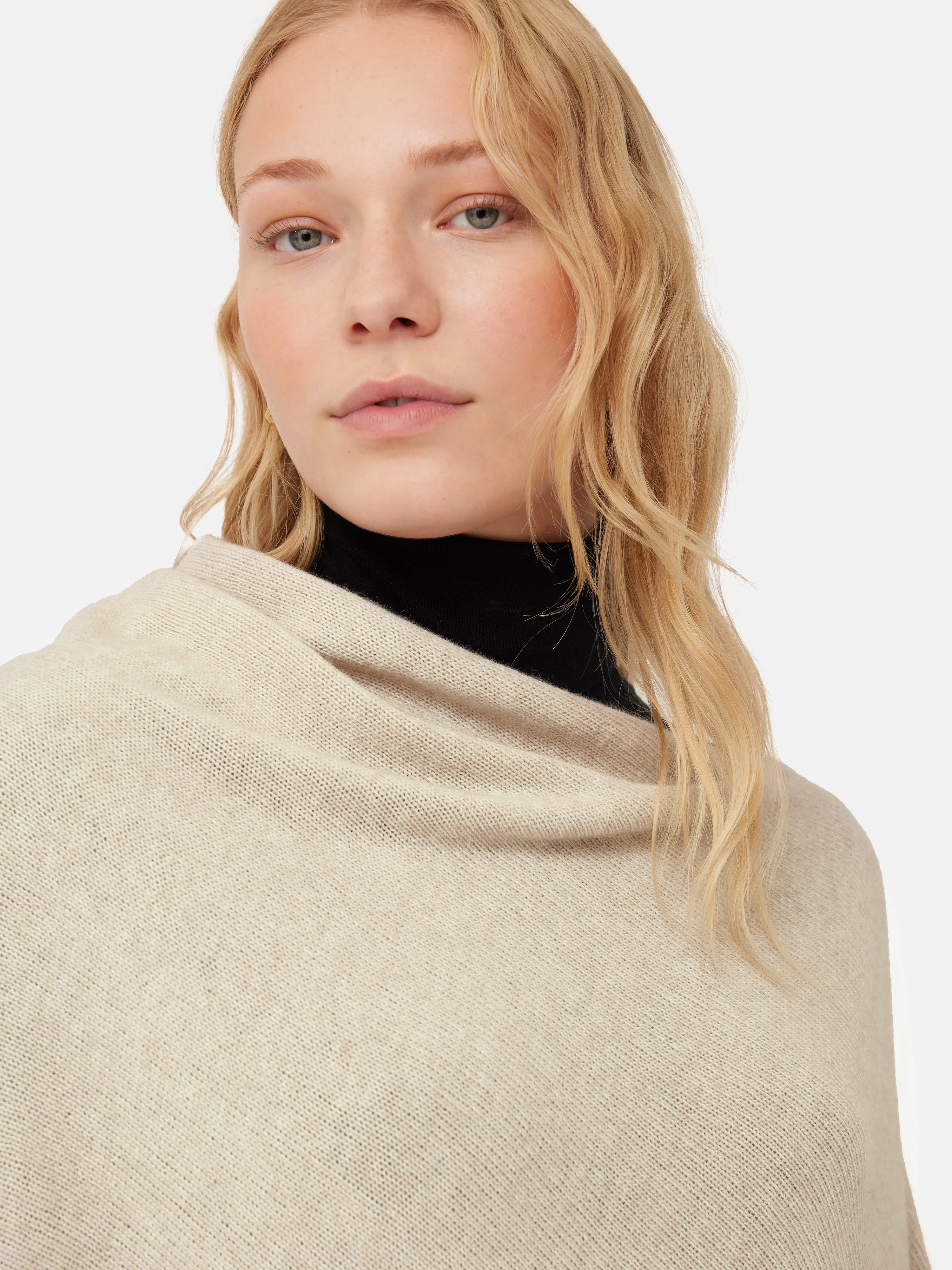 Wool Cashmere Blend Border Poncho | Cream