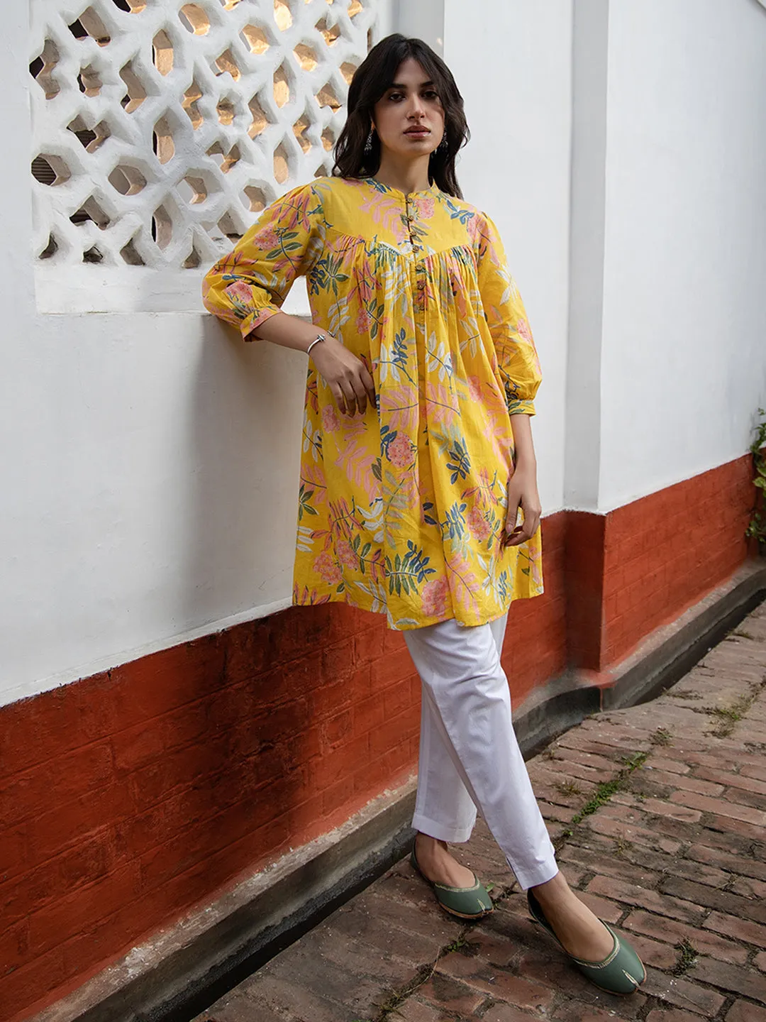 Yellow Cotton Trophical Gathered Tunic  - By Janasya